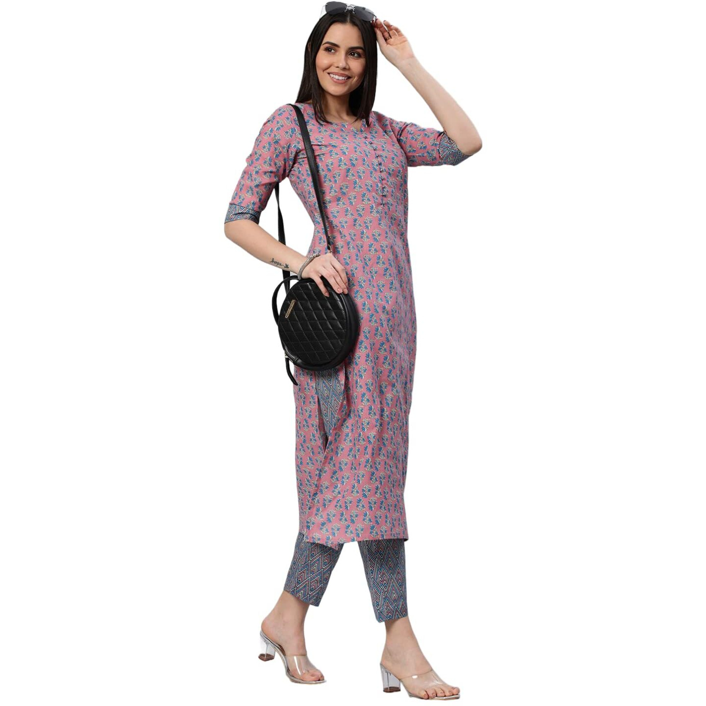 ANNI DESIGNER Women's Cotton Blend Straight Printed Kurta with Pant (Padwil Pink-Nw5_XL_Pink_X-Large)