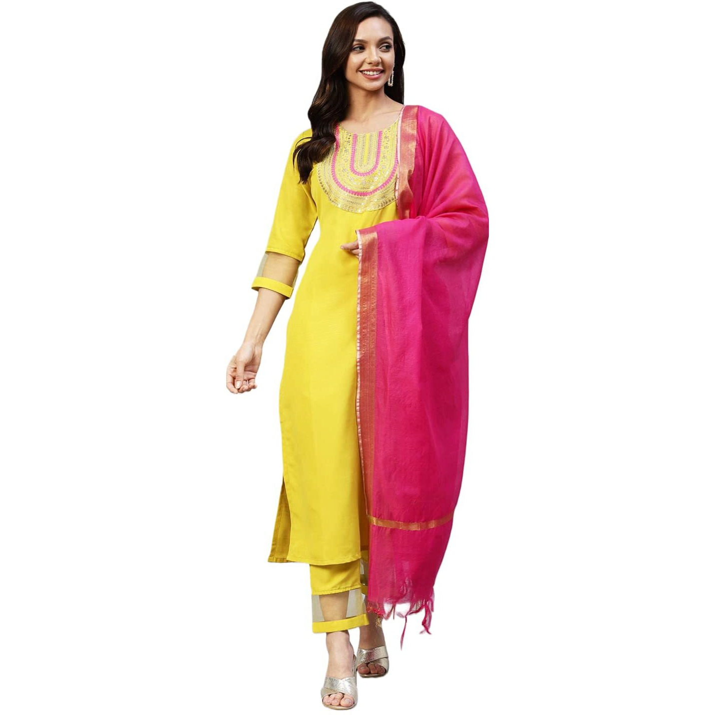 ANNI DESIGNER Women's Cotton Blend Embroidered Straight Kurta with Pant & Dupatta (TALPADE-YELLOW_S_Yellow_Small)