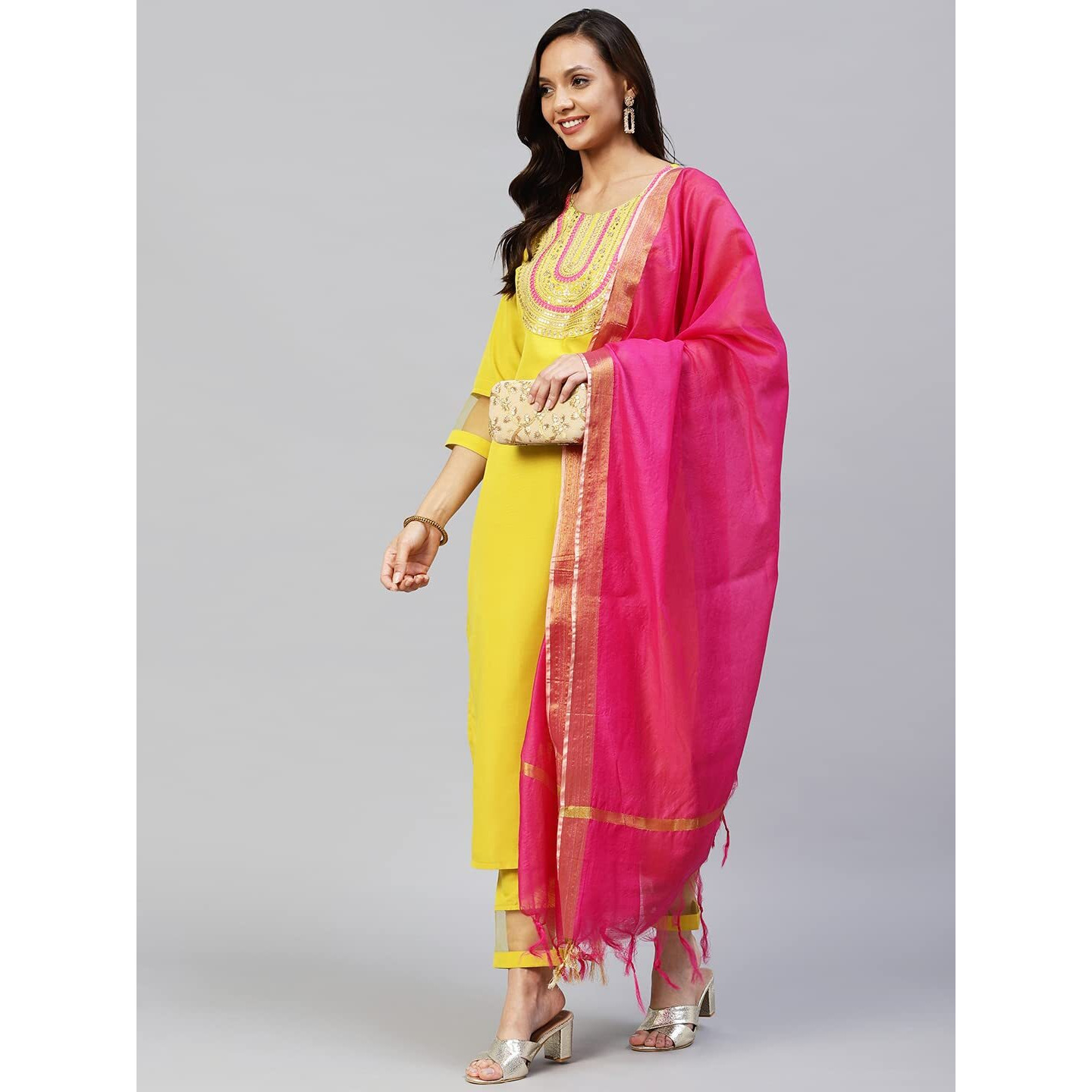 ANNI DESIGNER Women's Cotton Blend Embroidered Straight Kurta with Pant & Dupatta (TALPADE-YELLOW_S_Yellow_Small)
