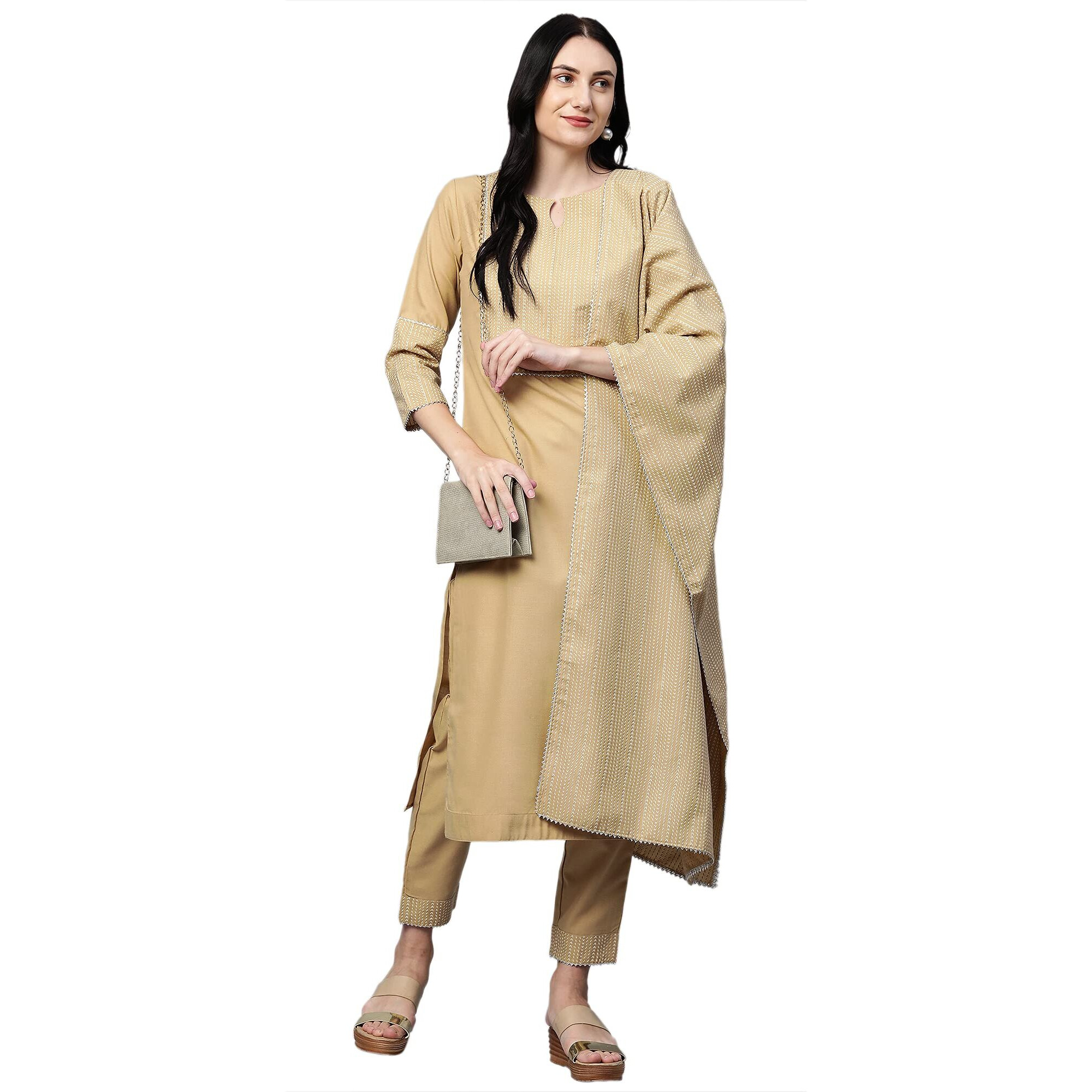 ANNI DESIGNER women's Cotton Kurta with Palazzo & Dupatta (BATTERY BEIGE X-Large)