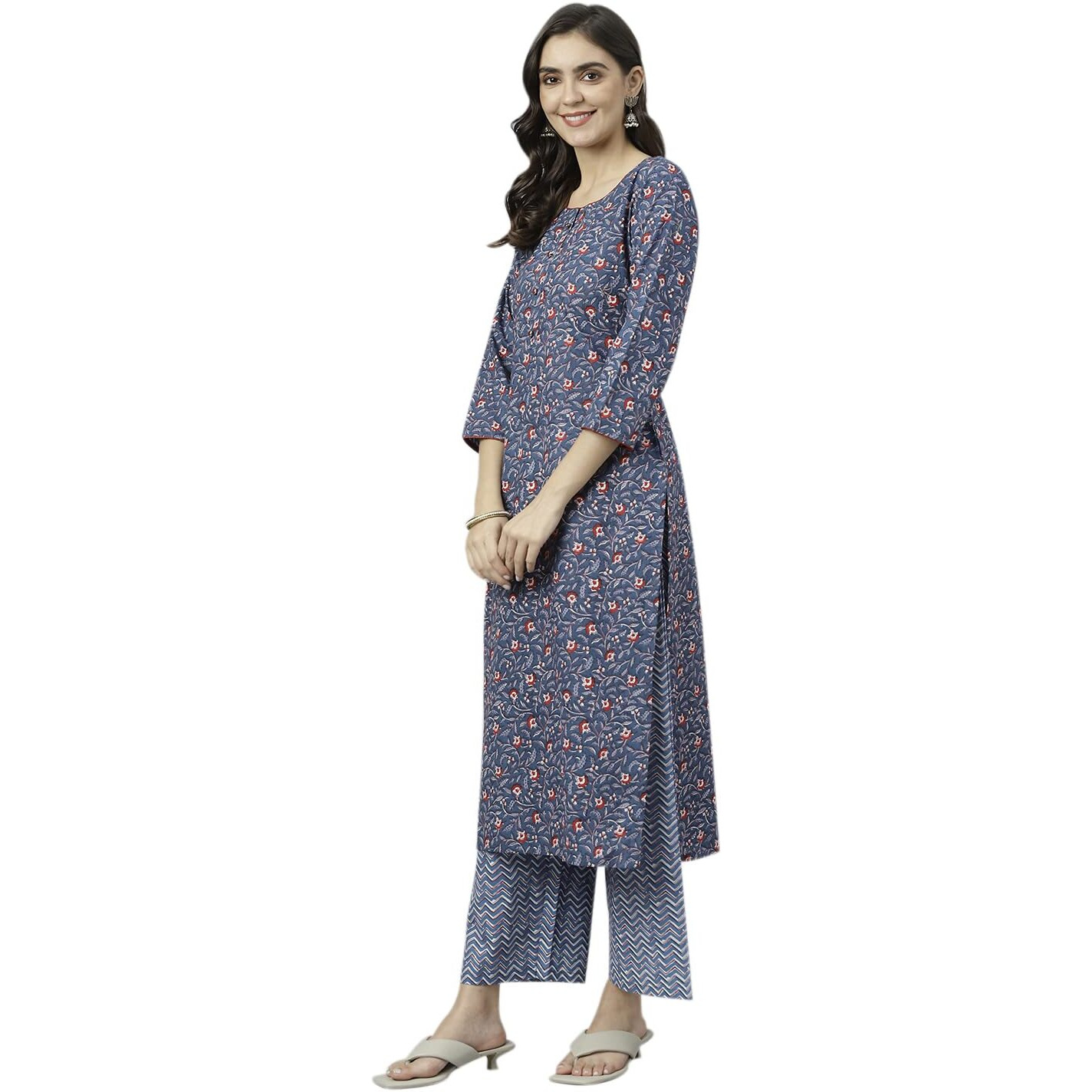 ANNI DESIGNER Women's Cotton Blend Straight Printed Kurta with Palazzo (QWERTY Blue_XL_Blue_X-Large)