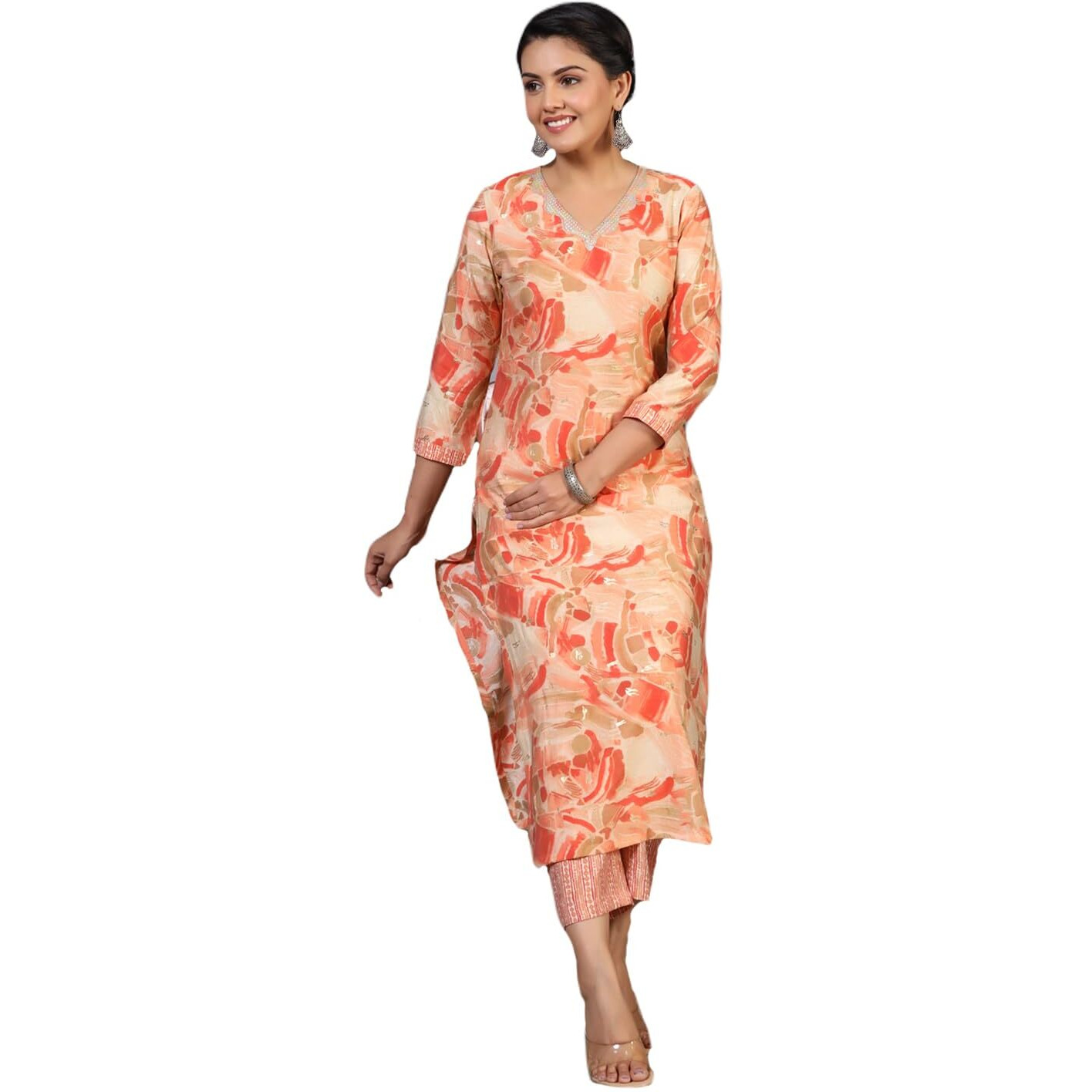 ANNI DESIGNER Women's Rayon Blend Straight Printed Kurta with Pant (Nissu Orange_S_Orange_Small)