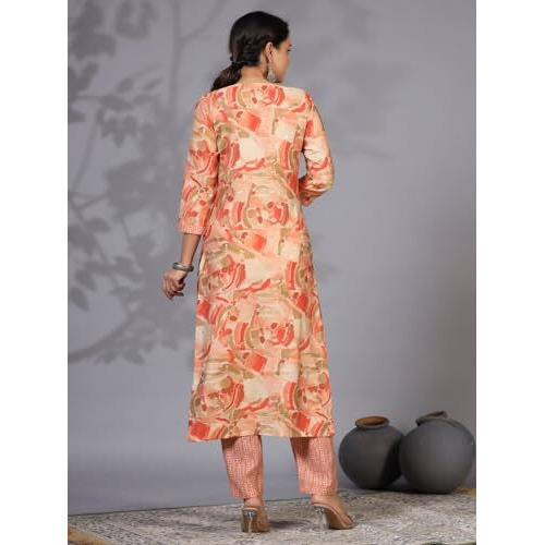ANNI DESIGNER Women's Rayon Blend Straight Printed Kurta with Pant (Nissu Orange_S_Orange_Small)
