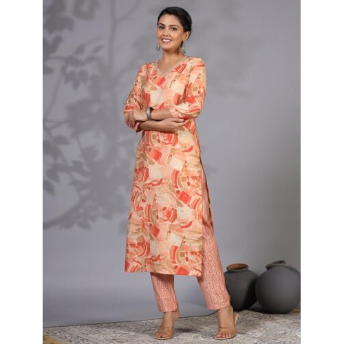 ANNI DESIGNER Women's Rayon Blend Straight Printed Kurta with Pant (Nissu Orange_S_Orange_Small)