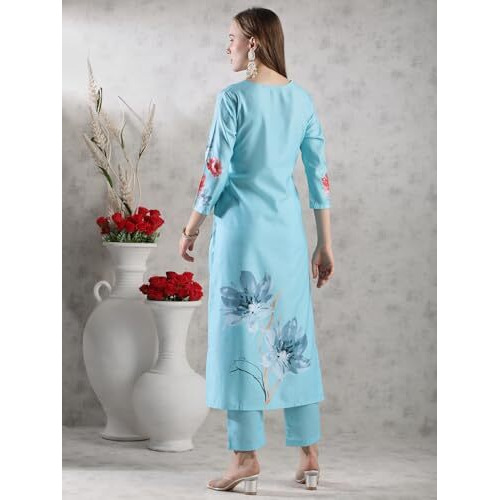 ANNI DESIGNER Women's Rayon Blend Straight Printed Kurta with Pant (Susan SKY-VKS02_M_Sky Blue_Medium)