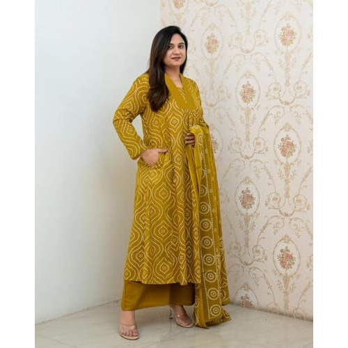 ANNI DESIGNER Women's Rayon Viscose Anarkali Printed Kurta with Pant & Dupatta (VANGALA Mehandi_XL_Mehandi_X-Large)