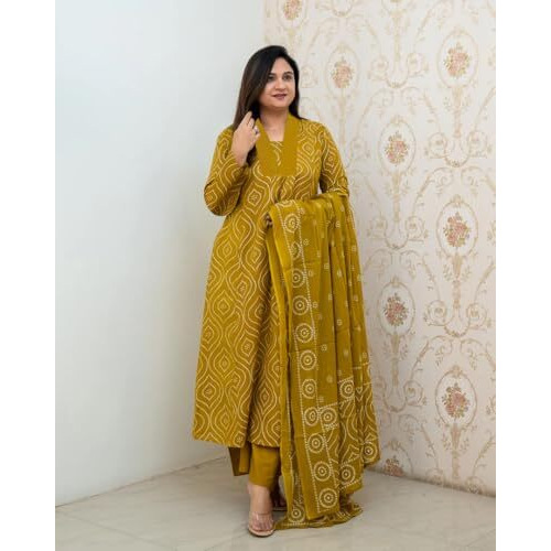 ANNI DESIGNER Women's Rayon Viscose Anarkali Printed Kurta with Pant & Dupatta (VANGALA Mehandi_XL_Mehandi_X-Large)