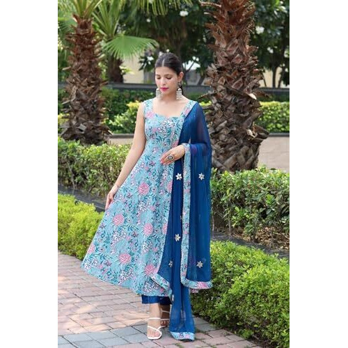 ANNI DESIGNER Women's Cotton Blend Anarkali Printed Kurta with Pant & Dupatta (GOANNI Blue_S_Blue_Small)