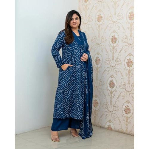 ANNI DESIGNER Women's Rayon Viscose Anarkali Printed Kurta with Pant & Dupatta (VANGALA Blue_XL_Blue_X-Large)