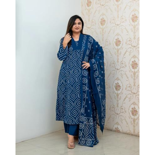 ANNI DESIGNER Women's Rayon Viscose Anarkali Printed Kurta with Pant & Dupatta (VANGALA Blue_XL_Blue_X-Large)