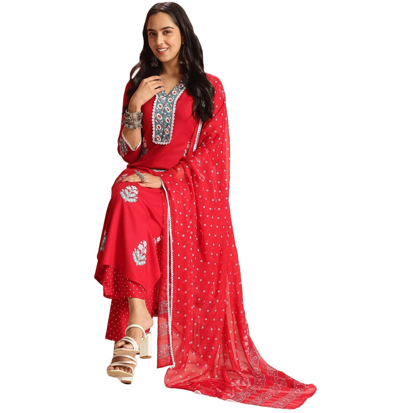 ANNI DESIGNER Women's Rayon Viscose Printed Straight Kurta with Pant & Dupatta (Belagavi Red-VKS05_M_Red_Medium)