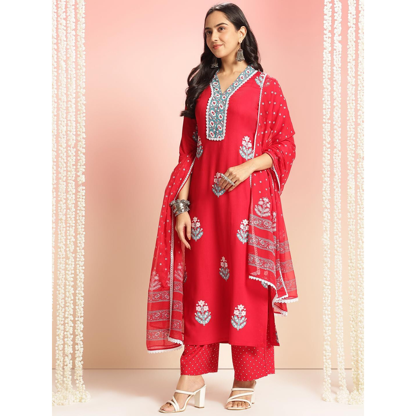 ANNI DESIGNER Women's Rayon Viscose Printed Straight Kurta with Pant & Dupatta (Belagavi Red-VKS05_M_Red_Medium)