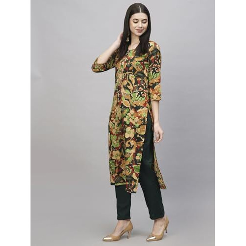 ANNI DESIGNER Women's Cotton Blend Straight Printed Kurta with Pant (Jabala Green_S_Green_Small)