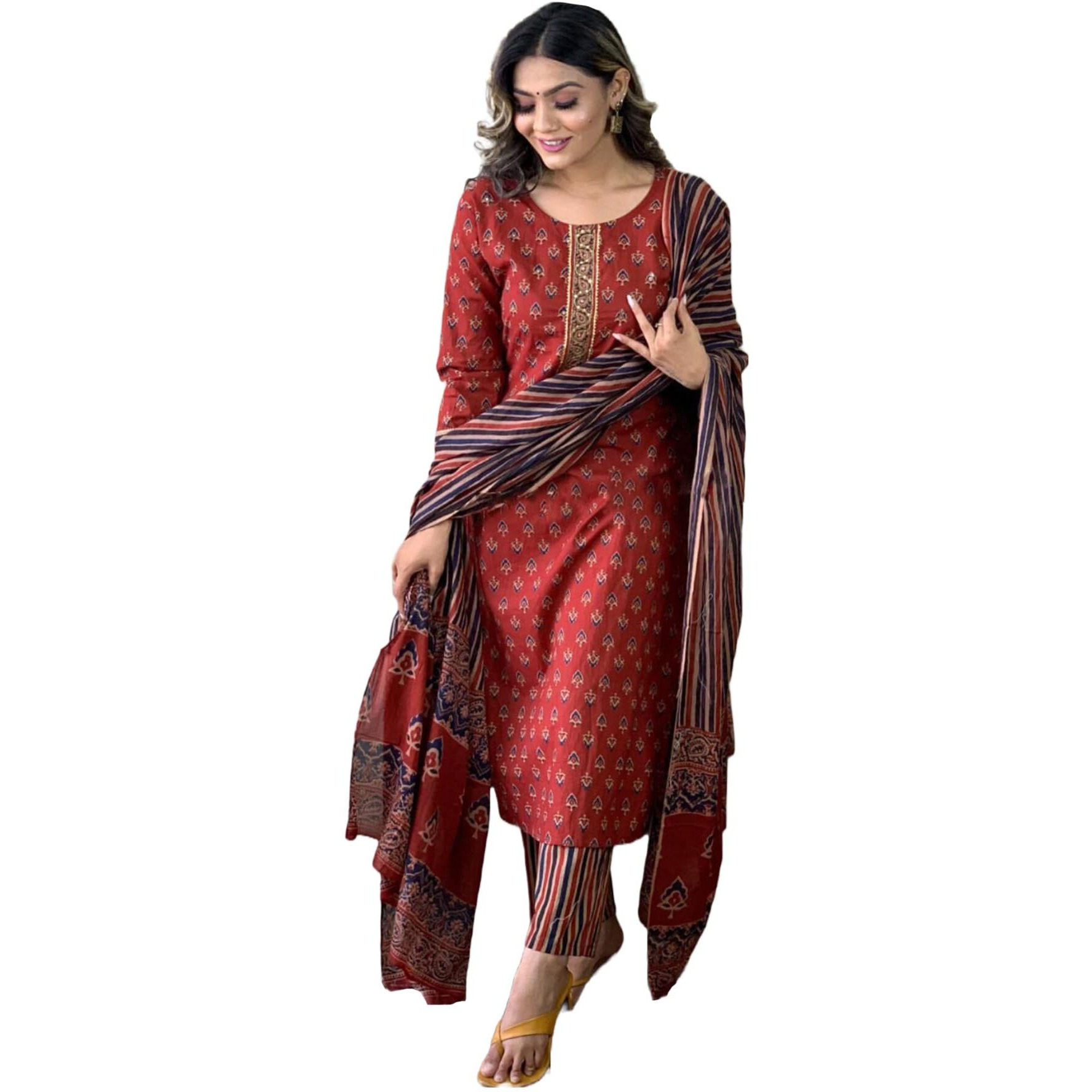 ANNI DESIGNER Women's Cotton Blend Straight Printed Kurta with Pant & Dupatta (Sahdev-Red_S_Red_Small)