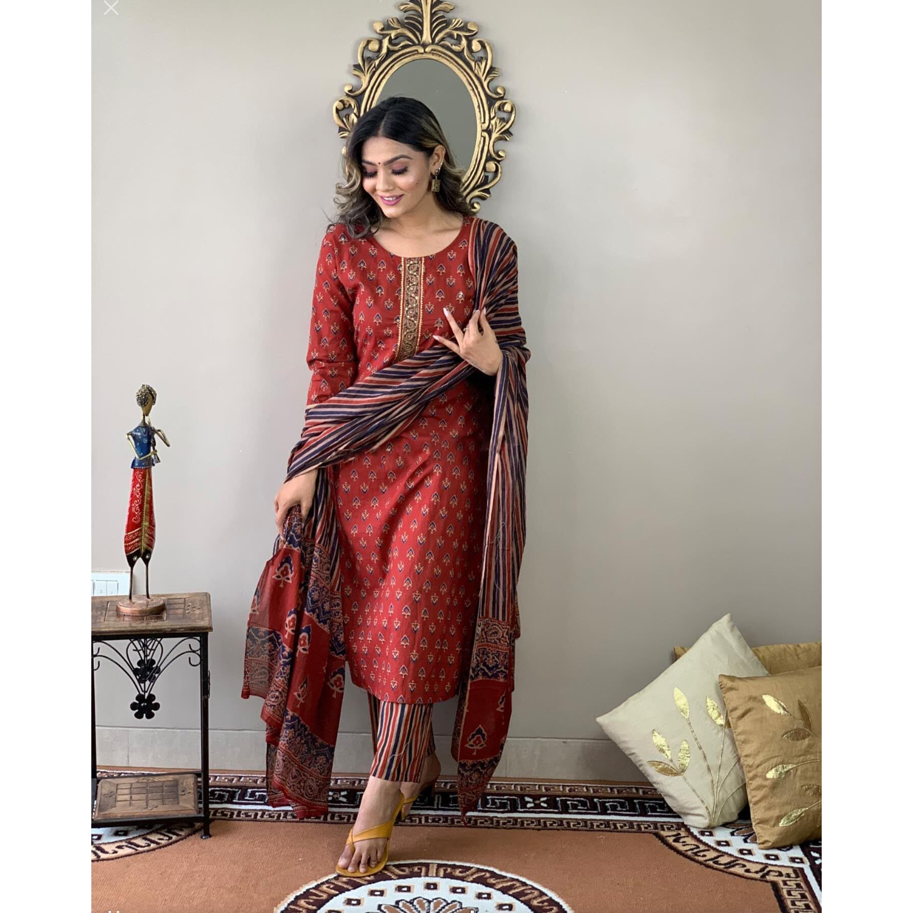 ANNI DESIGNER Women's Cotton Blend Straight Printed Kurta with Pant & Dupatta (Sahdev-Red_S_Red_Small)