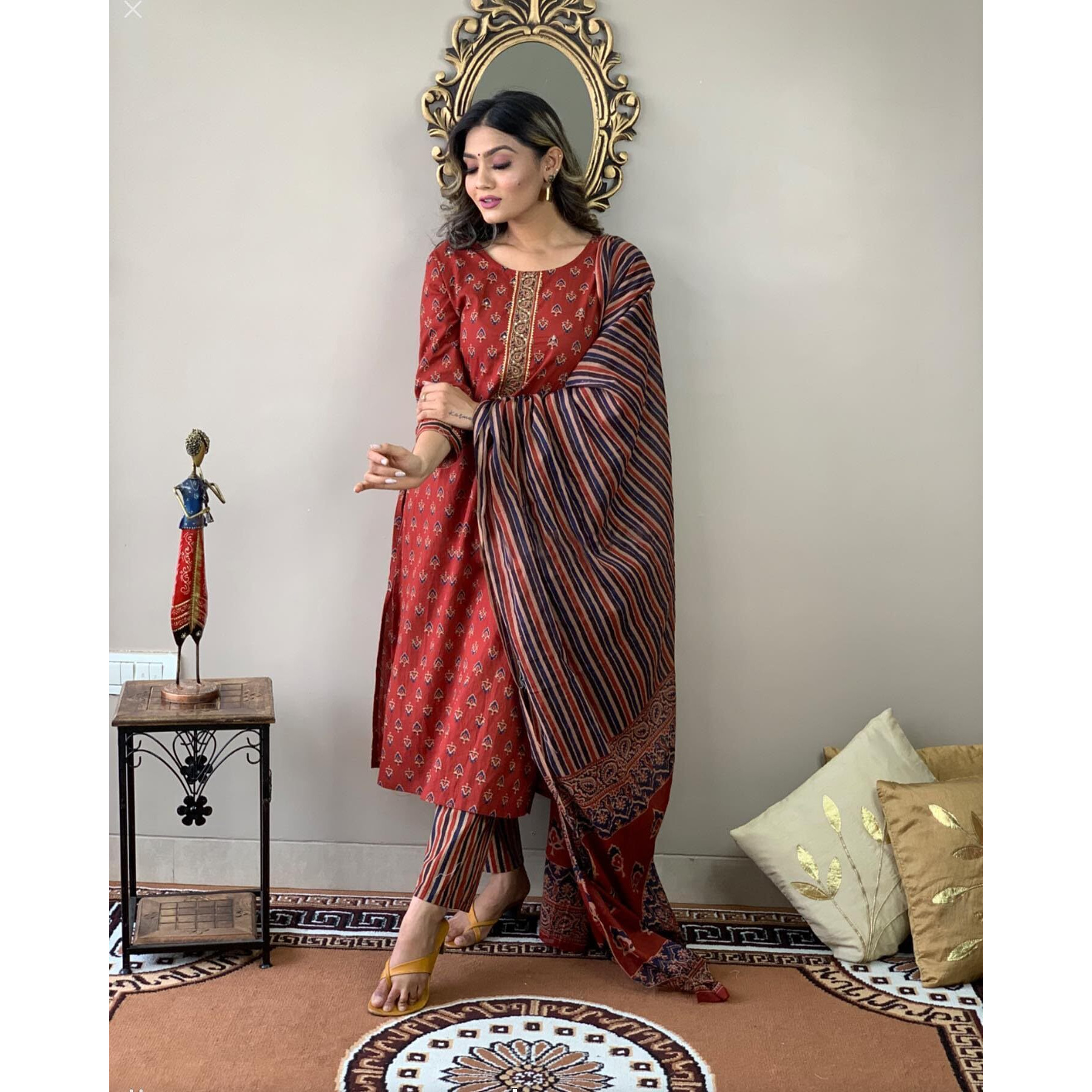 ANNI DESIGNER Women's Cotton Blend Straight Printed Kurta with Pant & Dupatta (Sahdev-Red_S_Red_Small)