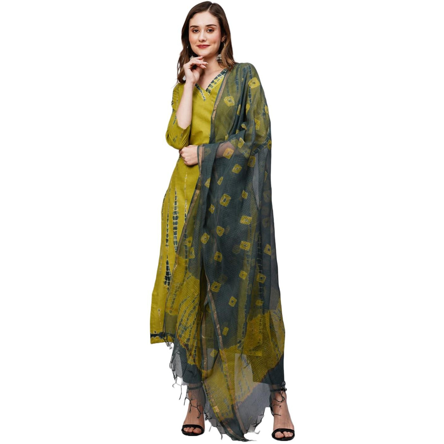 ANNI DESIGNER Women's Cotton Blend Staright Printed Kurta with Pant & Dupatta (Bhumi Green_S_Green_Small)