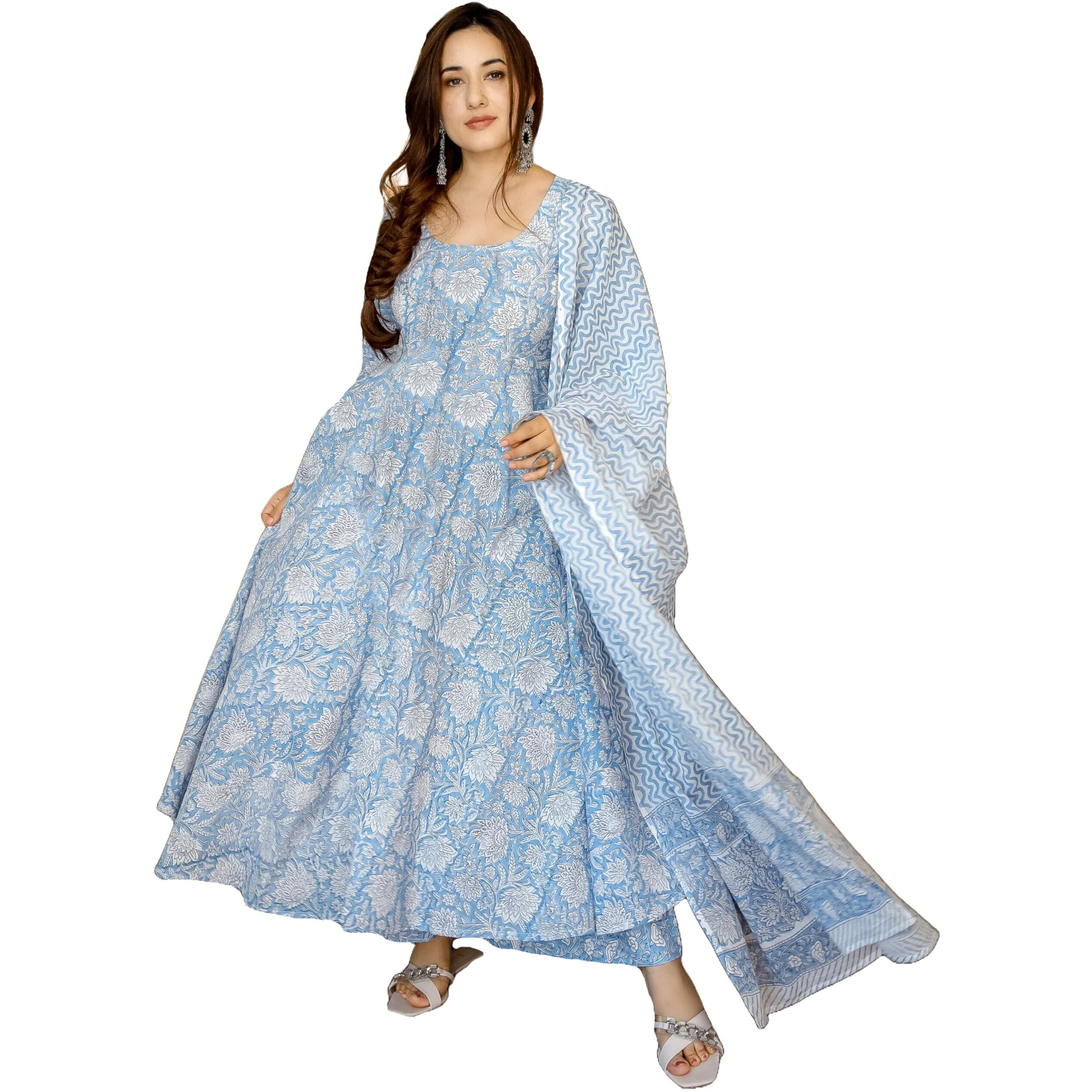 ANNI DESIGNER Women's Rayon Viscose Printed Anarkali Kurta with Pant & Dupatta (Jamgarh Blue_M_Blue_Medium)