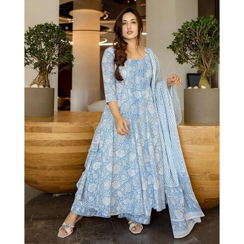 ANNI DESIGNER Women's Rayon Viscose Printed Anarkali Kurta with Pant & Dupatta (Jamgarh Blue_M_Blue_Medium)