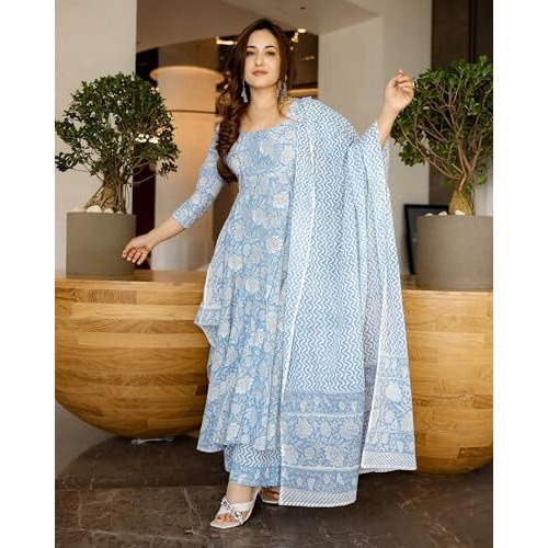ANNI DESIGNER Women's Rayon Viscose Printed Anarkali Kurta with Pant & Dupatta (Jamgarh Blue_M_Blue_Medium)