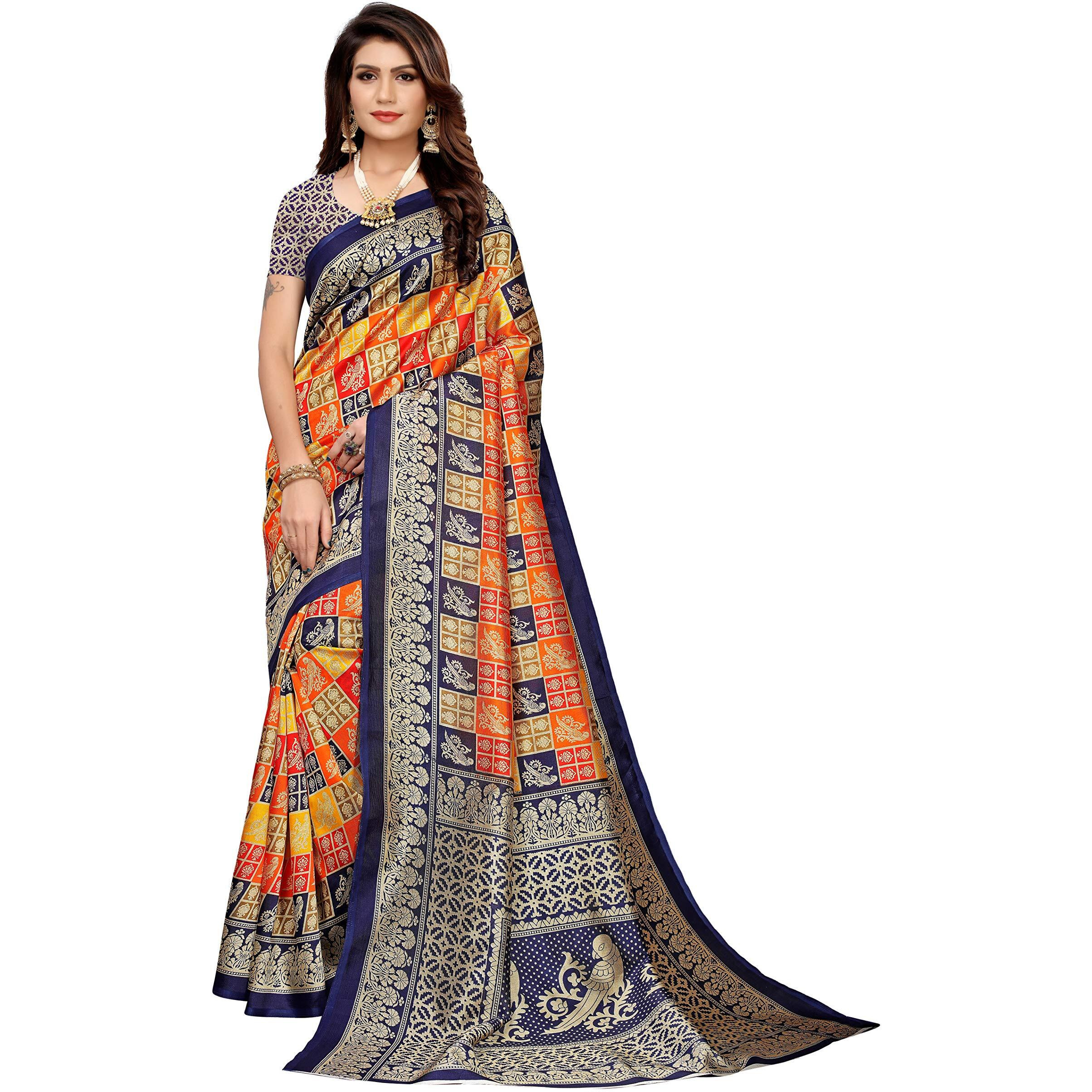 ANNI DESIGNER Women's Navy Blue Color Art Silk Saree With Blouse (PRITI-BIRDS-NAVY_Free Size)