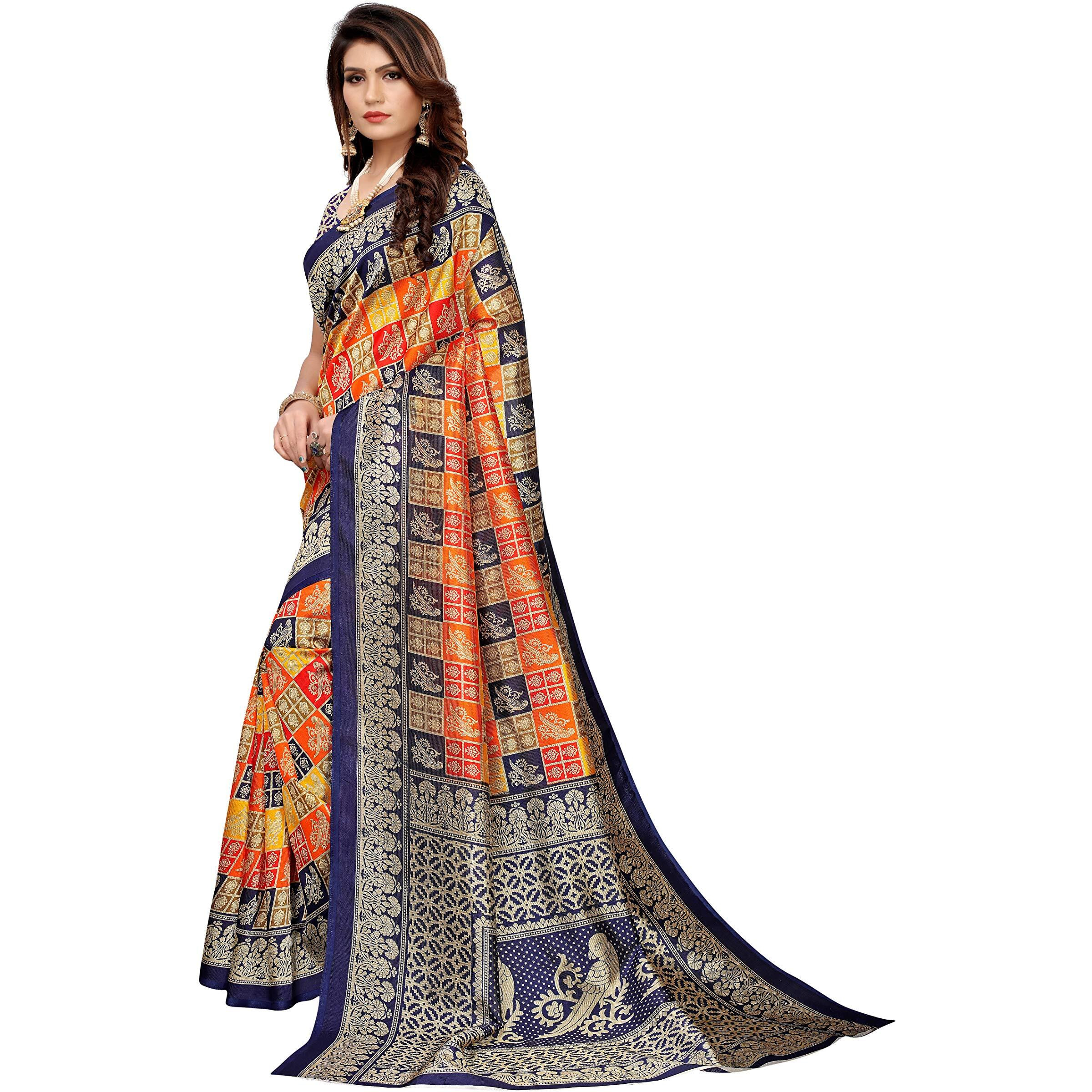 ANNI DESIGNER Women's Navy Blue Color Art Silk Saree With Blouse (PRITI-BIRDS-NAVY_Free Size)