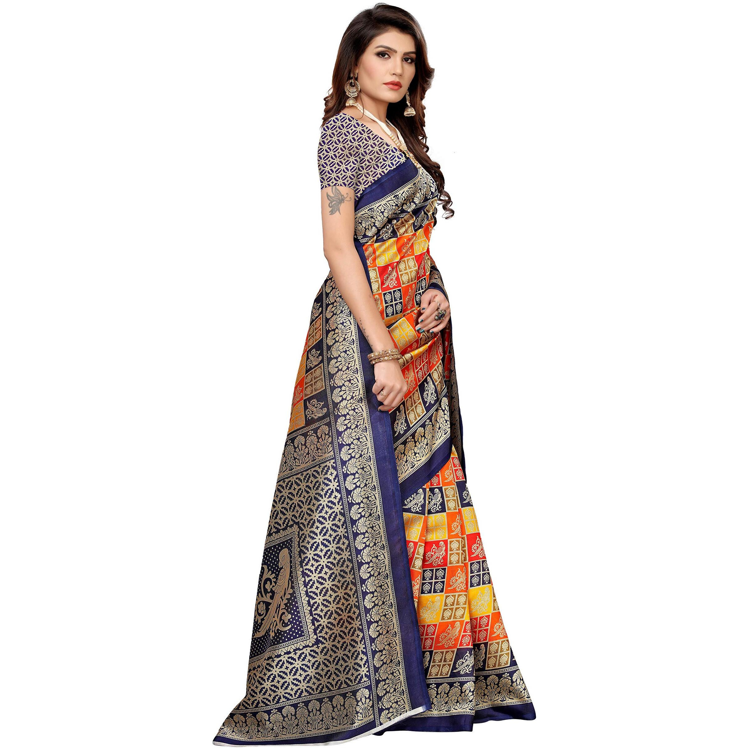 ANNI DESIGNER Women's Navy Blue Color Art Silk Saree With Blouse (PRITI-BIRDS-NAVY_Free Size)