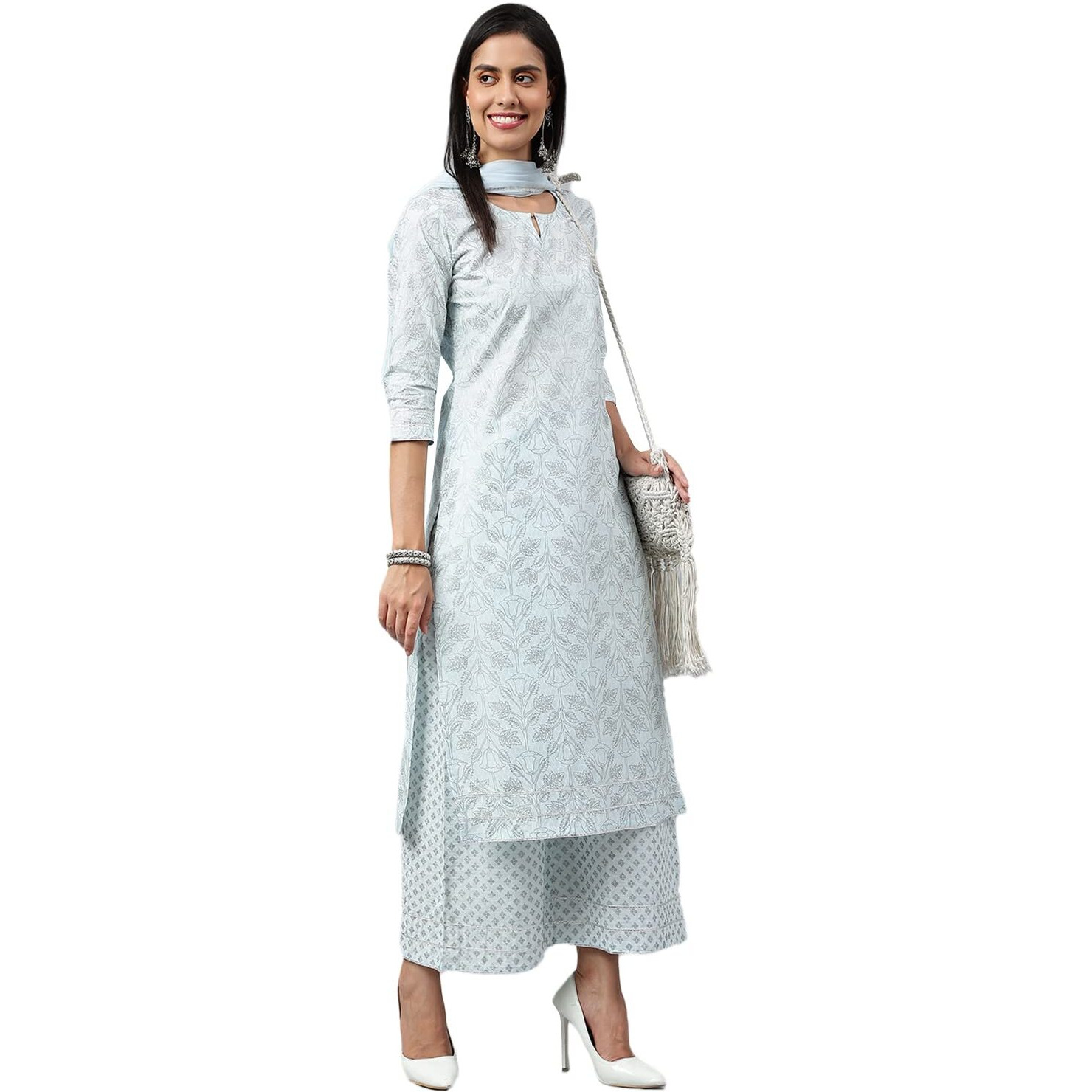 ANNI DESIGNER Women's Cotton Blend Straight Printed Kurta with Palazzo & Dupatta (Suchi Sky Blue_M_Sky Blue_Medium)
