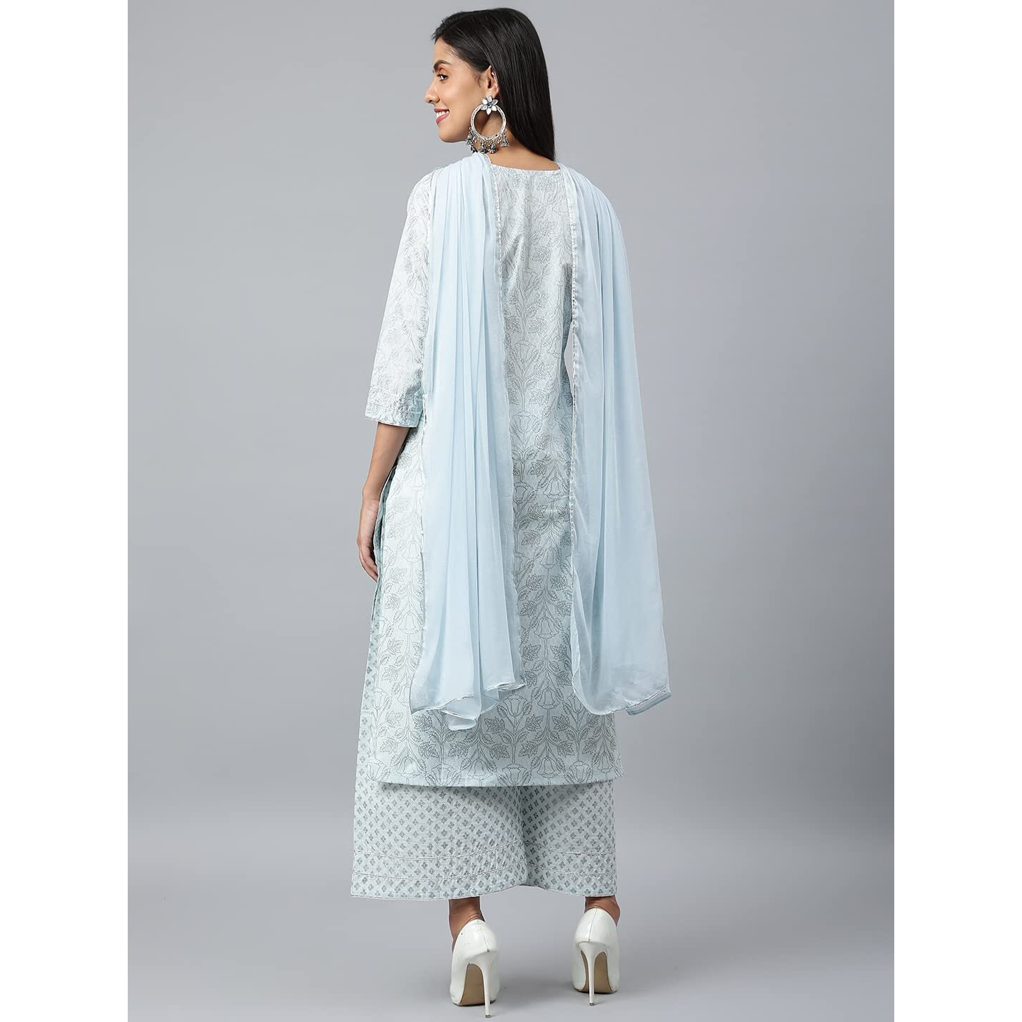 ANNI DESIGNER Women's Cotton Blend Straight Printed Kurta with Palazzo & Dupatta (Suchi Sky Blue_M_Sky Blue_Medium)