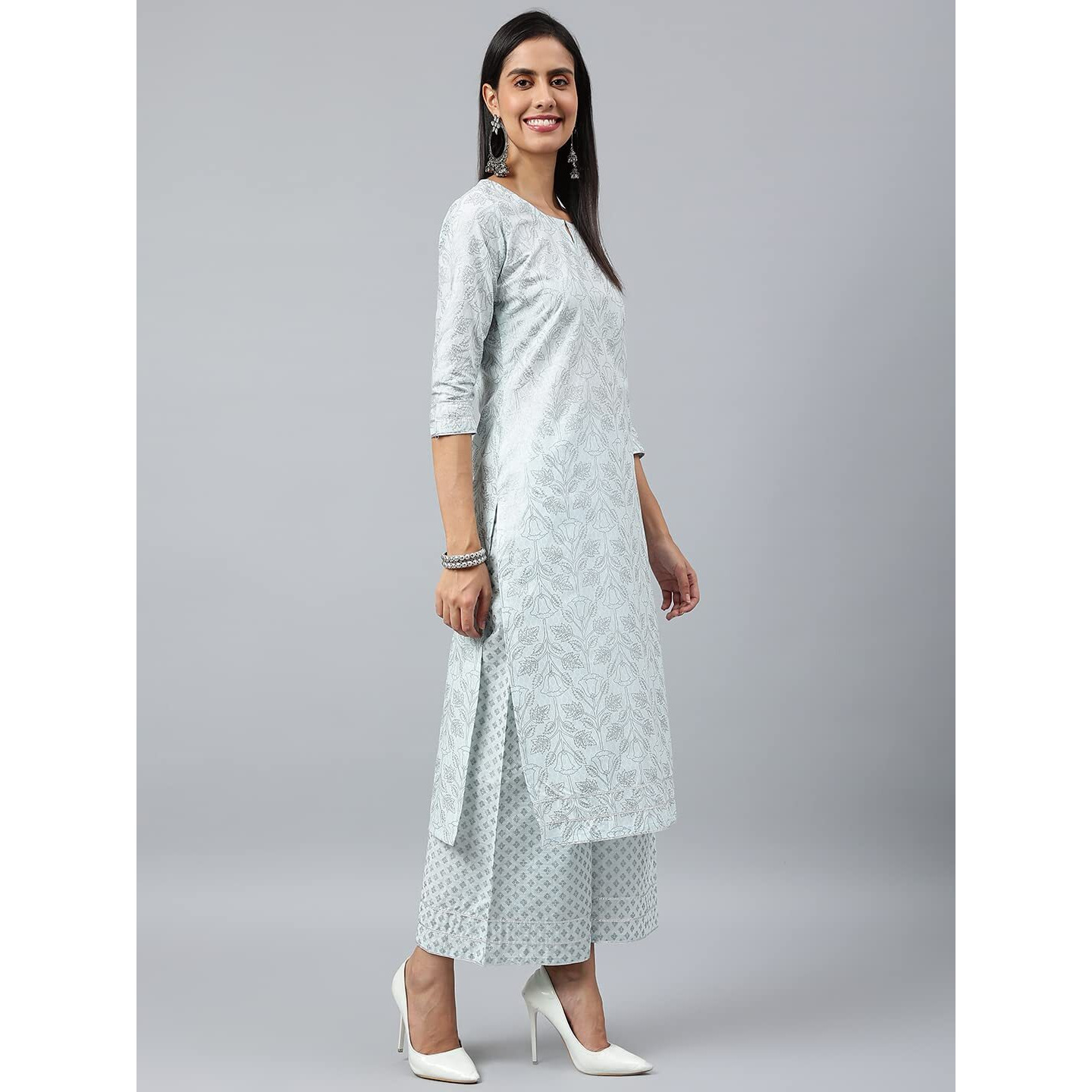 ANNI DESIGNER Women's Cotton Blend Straight Printed Kurta with Palazzo & Dupatta (Suchi Sky Blue_M_Sky Blue_Medium)