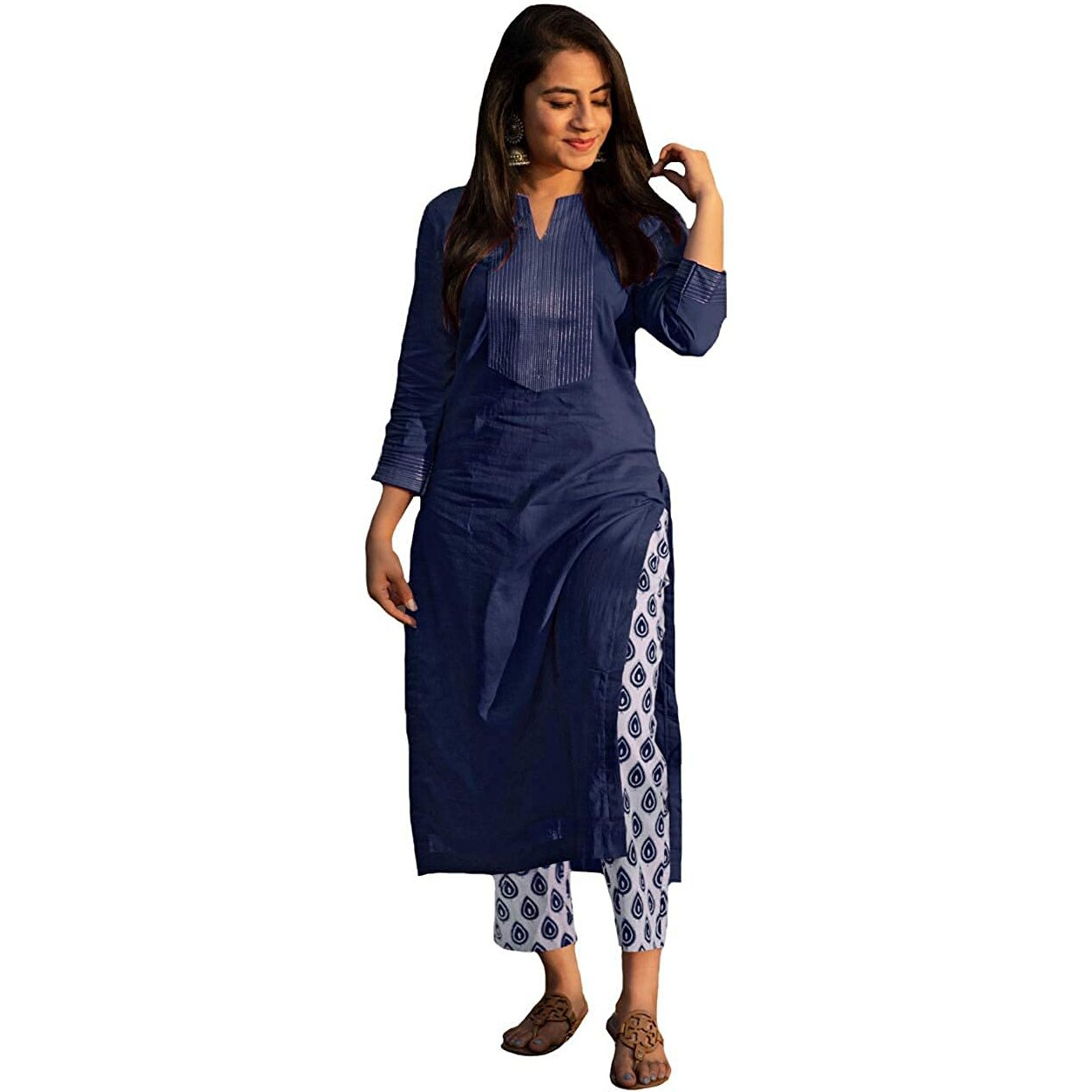 ANNI DESIGNER Women's Cotton Kurta with Palazzo (ATS Navy Blue New Large)