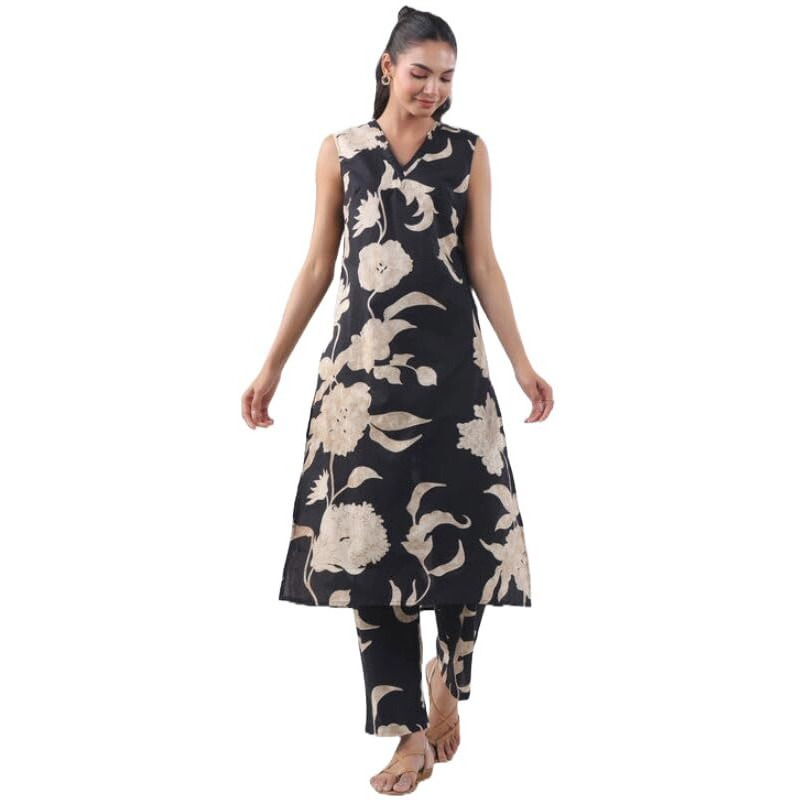 ANNI DESIGNER Women's Rayon Viscose Straight Printed Kurta with Pant (Teras Black_S_Black_Small)