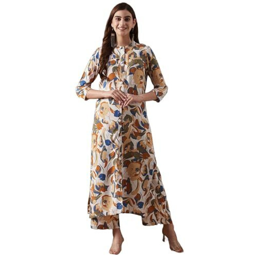 ANNI DESIGNER Women's Cotton Blend Straight Printed Kurta with Palazzo (Yamla Yellow_L_Yellow_Large)