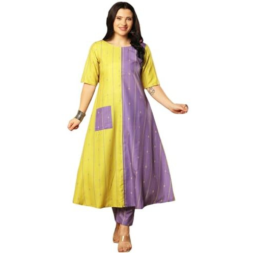 ANNI DESIGNER Women's Rayon Blend Anarkali Printed Kurta with Pant (MANOHAR MULTI-VKS01_L_Multi_Large) Multicolour