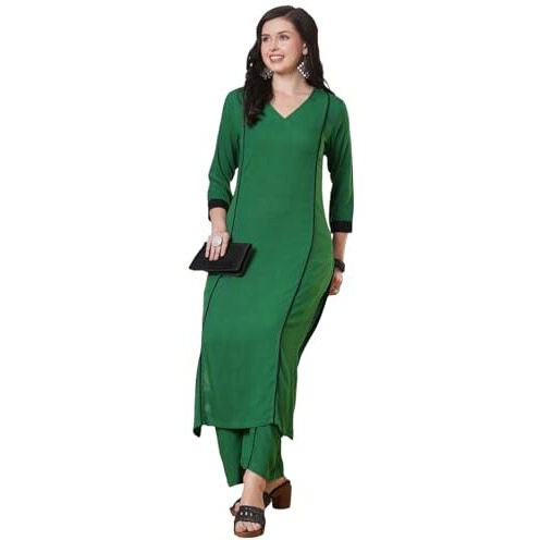 ANNI DESIGNER Women's Rayon Viscose Straight Solid Kurta with Palazzo (PAPITA GREEN-VKS01_XL_Green_X-Large)