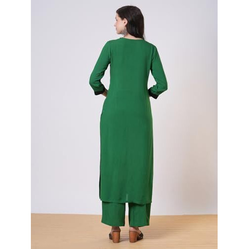 ANNI DESIGNER Women's Rayon Viscose Straight Solid Kurta with Palazzo (PAPITA GREEN-VKS01_XL_Green_X-Large)