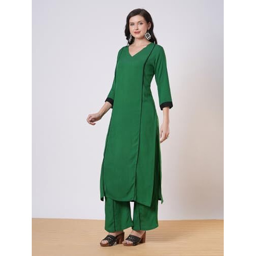 ANNI DESIGNER Women's Rayon Viscose Straight Solid Kurta with Palazzo (PAPITA GREEN-VKS01_XL_Green_X-Large)