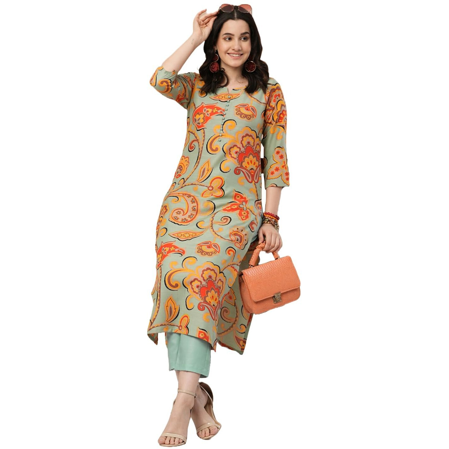 ANNI DESIGNER Women's Cotton Blend Straight Printed Kurta with Pant (Tinka Pista-NW_S_Pista_Small)