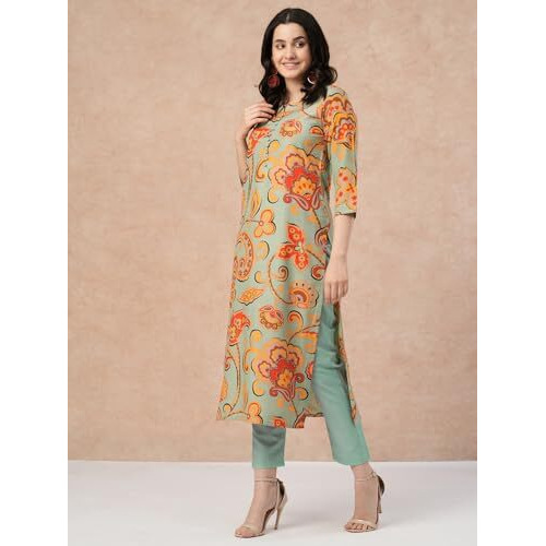 ANNI DESIGNER Women's Cotton Blend Straight Printed Kurta with Pant (Tinka Pista-NW_S_Pista_Small)
