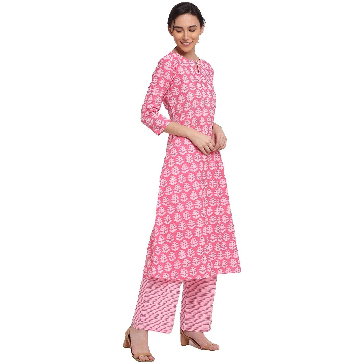 ANNI DESIGNER Women's Cotton Printed Straight Kurta with Palazzo (MAJVI Pink_M_Pink_Medium)