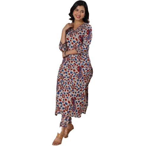 ANNI DESIGNER Women's Rayon Blend Straight Printed Kurta with Pant (Nakari Cream-NWS_M_Cream_Medium)