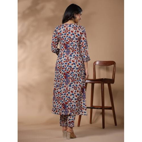 ANNI DESIGNER Women's Rayon Blend Straight Printed Kurta with Pant (Nakari Cream-NWS_M_Cream_Medium)