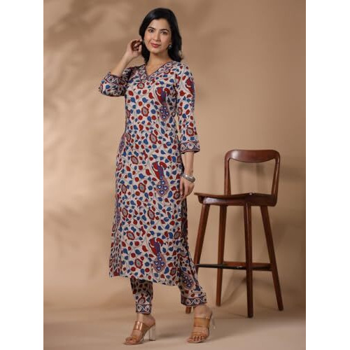 ANNI DESIGNER Women's Rayon Blend Straight Printed Kurta with Pant (Nakari Cream-NWS_M_Cream_Medium)