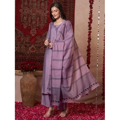 ANNI DESIGNER Women's Rayon Viscose Solid Straight Kurta with Pant & Dupatta (Raja Saab Purple-VKS14_S_Purple_Small)