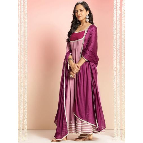 ANNI DESIGNER Women's Rayon Viscose Solid Anarkali Kurta with Pant & Dupatta (KUSPARI LAVENDER-VKS03_XXL_Lavender_XX-Large)