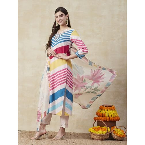 ANNI DESIGNER Women's Cotton Blend Straight Printed Kurta with Pant & Dupatta (Dhimi Pink-NRE_L_Pink_Large)