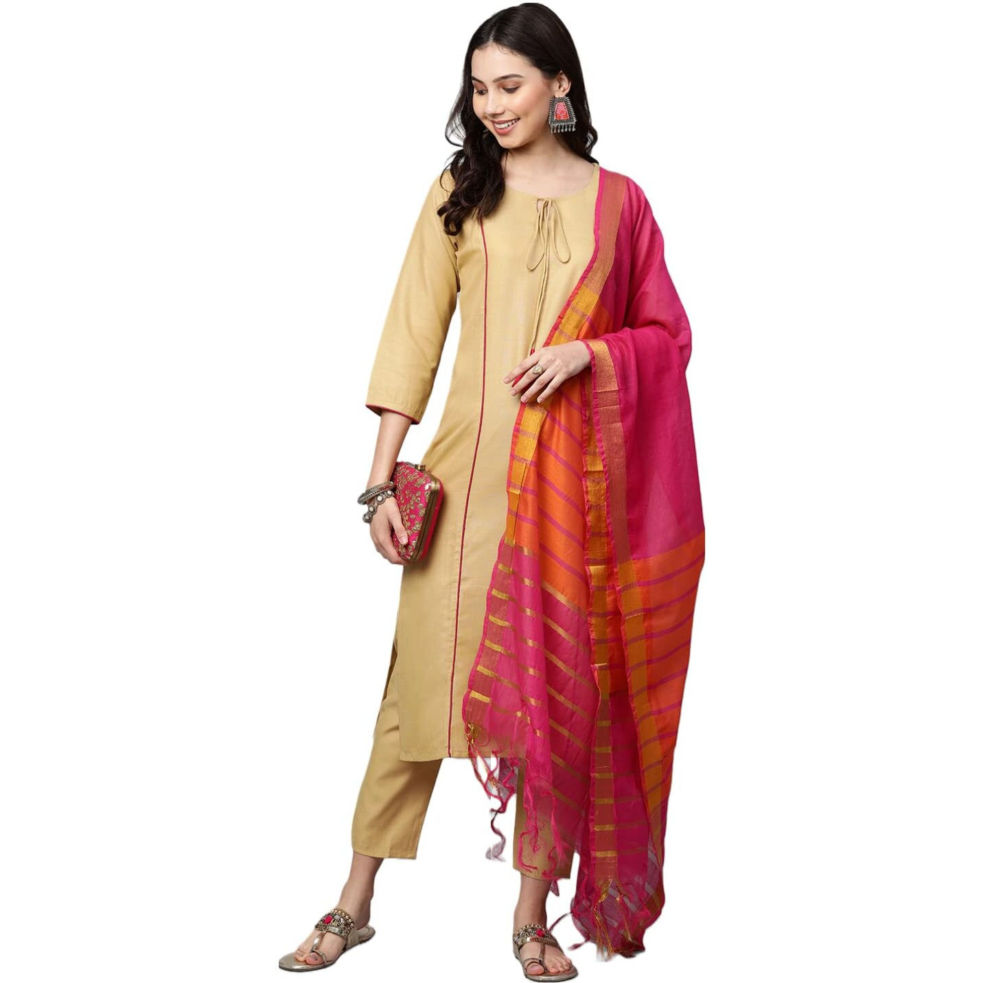 ANNI DESIGNER Women's Cotton Blend Straight Printed Kurta with Pant & Dupatta (Carnival Beige_S_Beige_Small)