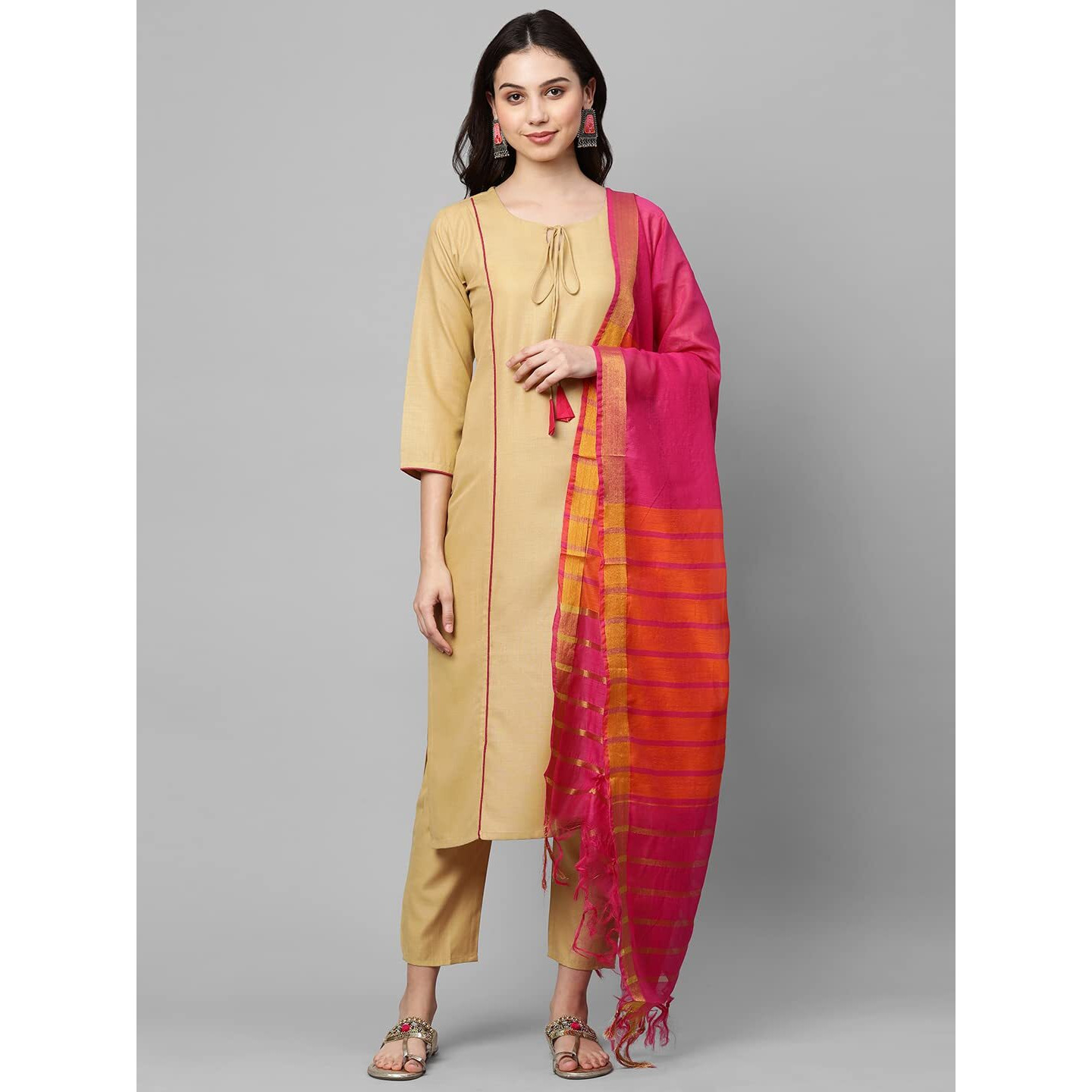 ANNI DESIGNER Women's Cotton Blend Straight Printed Kurta with Pant & Dupatta (Carnival Beige_S_Beige_Small)