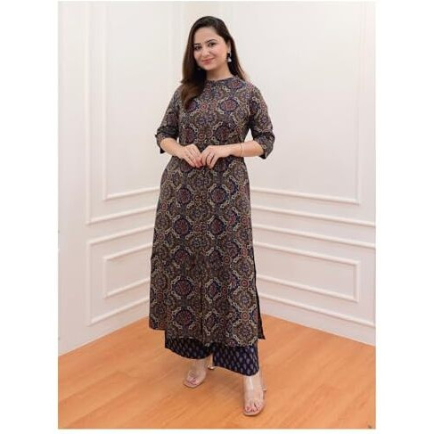 ANNI DESIGNER Women's Cotton Blend Straight Printed Kurta with Palazzo (ABP Blue-NW_S_Blue_Small)