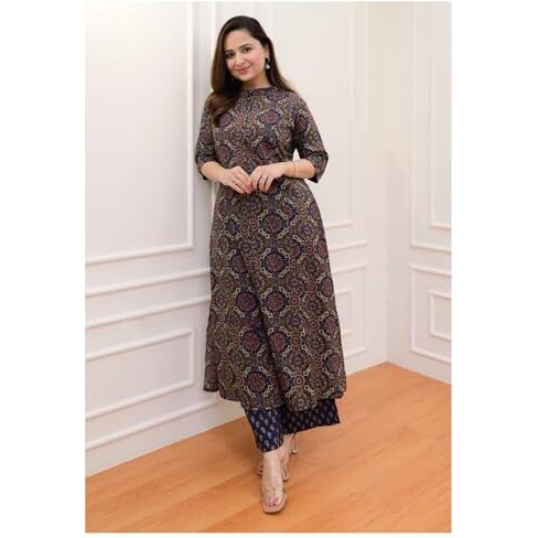 ANNI DESIGNER Women's Cotton Blend Straight Printed Kurta with Palazzo (ABP Blue-NW_S_Blue_Small)